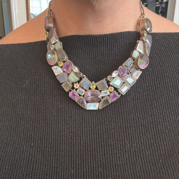 Gorgeous Sterling Silver Multi-Gemstone Multicolor Statement Necklace - Picture 3 of 6
